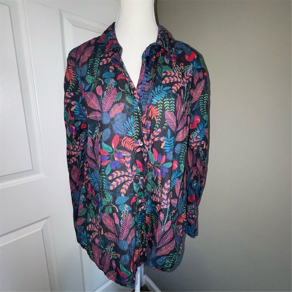 Nic+Zoe Women's Vibrant Garden‎ Floral Crinkle Top Size L Cotton Cottagecore